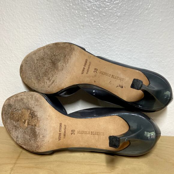Manolo Blahnik Heels Open Toe Pump Patent Leather Double Strap Chrome Gray 7.5 - Picture 5 of 5